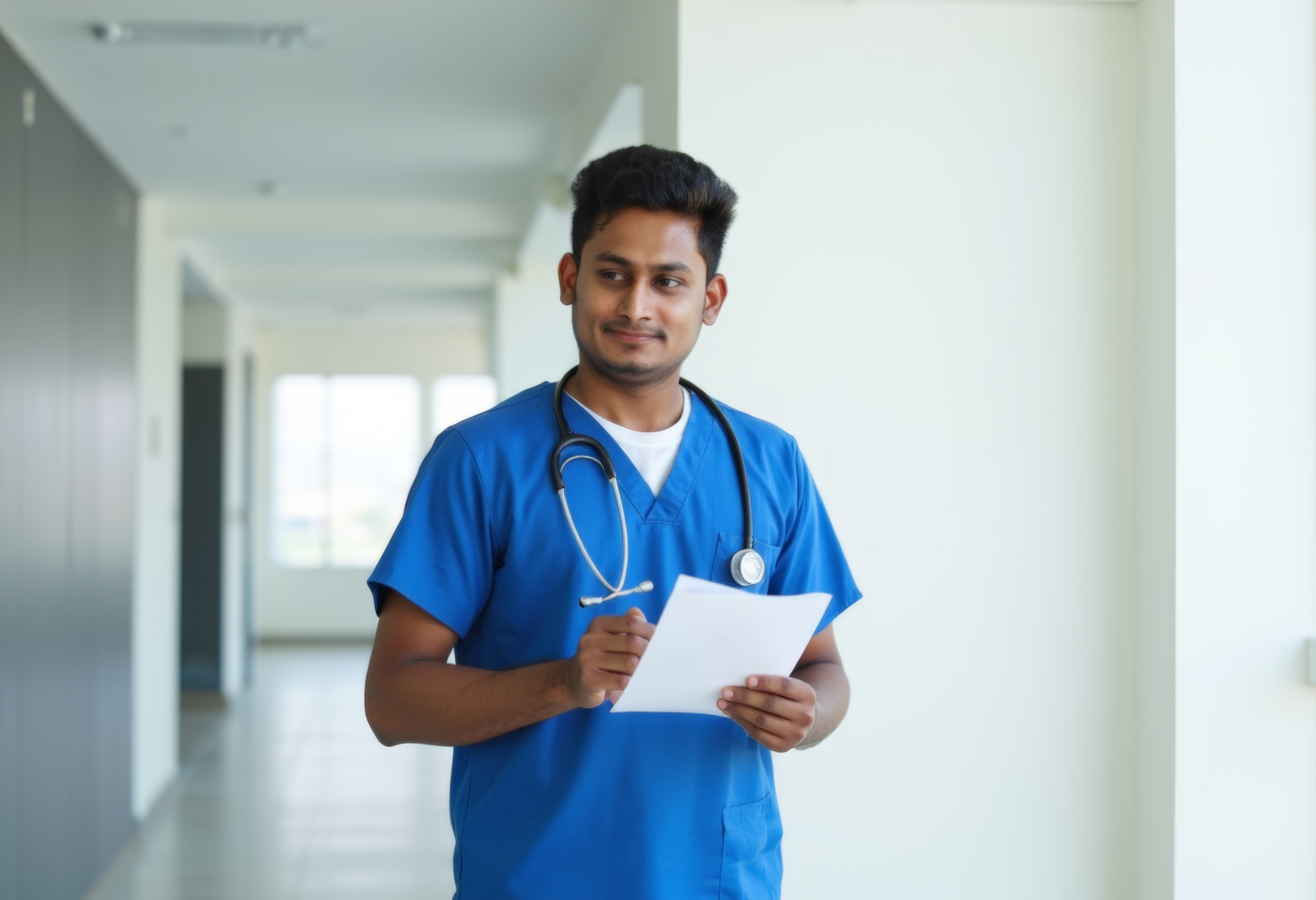 medic with stethoscope holding a sheet of paper